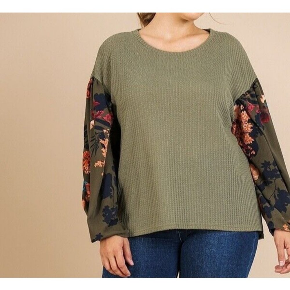 New Umgee Top Waffle Knit Floral Long Puff Sleeve Boho Peasant Plus Size